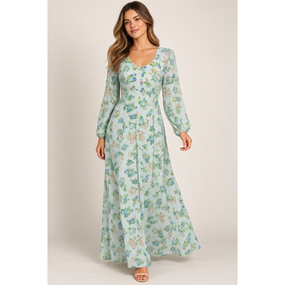 Vintage Handmade S Floral Butterfly Maxi Dress Blue V-Neck Cottagecore Garden
